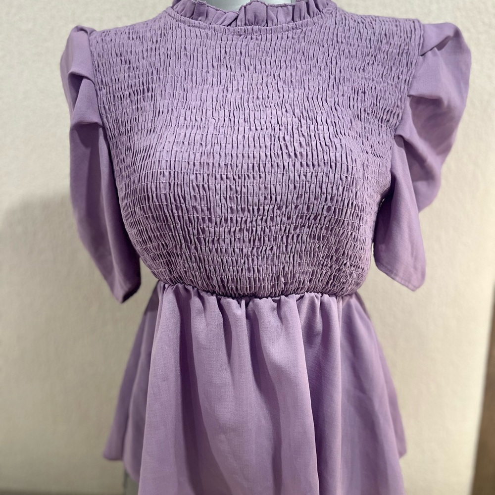 SHEIN Lavender Smocked Ruffle Sleeve Tunic